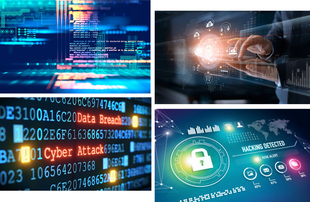 A series of four images showing different types of cybersecurity.